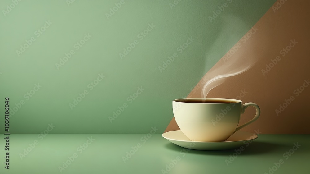 Poster a warm cup of tea emits gentle steam, creating a serene moment on a green tabletop in soft afternoon