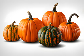 Obraz premium Collection orange pumpkins isolated white background fall harvest Halloween Thanksgiving decoration concept packaging advertisement eco organic graphic design object 3d studio photoshoot pumpkin