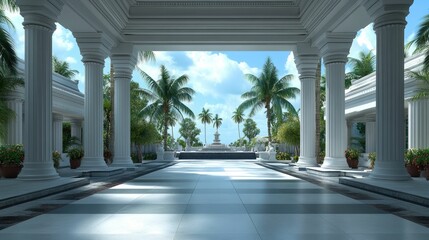 Obraz premium A white columned walkway leads to a tropical paradise with palm trees and a blue sky.