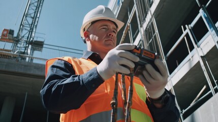 A safety inspector in a high-visibility vest and hard hat, inspecting safety gear and standing in front of a construction site with visible safety barriers and equipment, Construction site scene