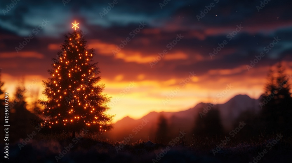 Sticker Beautifully lit Christmas tree with sunset background.