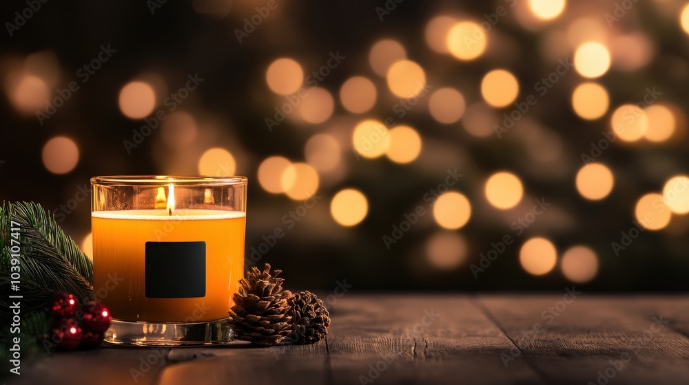 Sticker Candle with warm glow, festive decor, soft focus bokeh background.