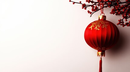 Chinese lantern with cherry blossom branch, white isolated background.