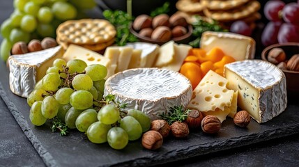 Delicious cheese platter with grapes, nuts, and crackers on a dark slate background.