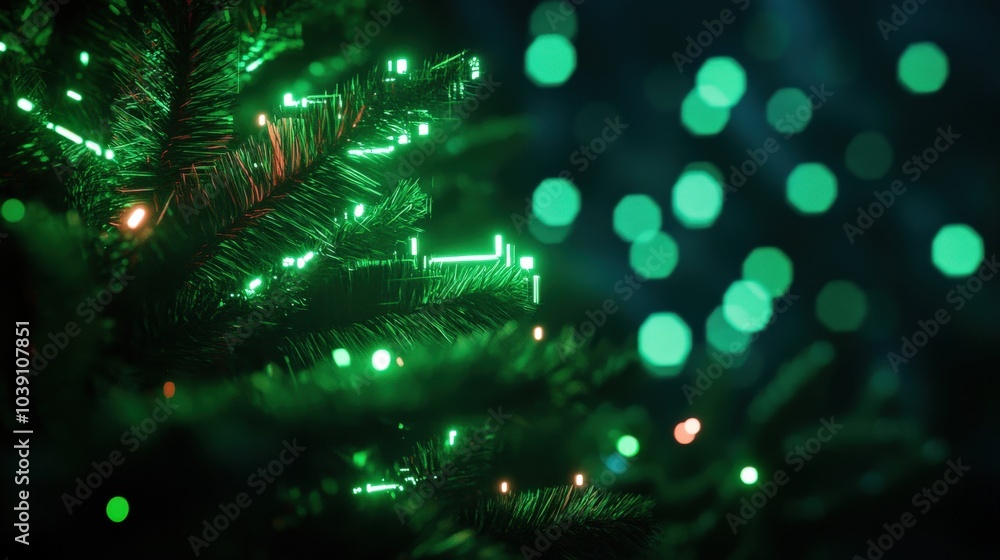 Sticker Close-up of a Christmas tree with glowing green lights and soft bokeh effect.