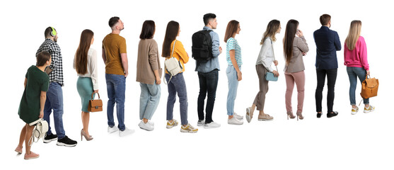 Queue of many people on white background