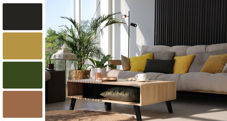 Stylish living room with comfortable sofa and table near window. Interior design and matching color palette