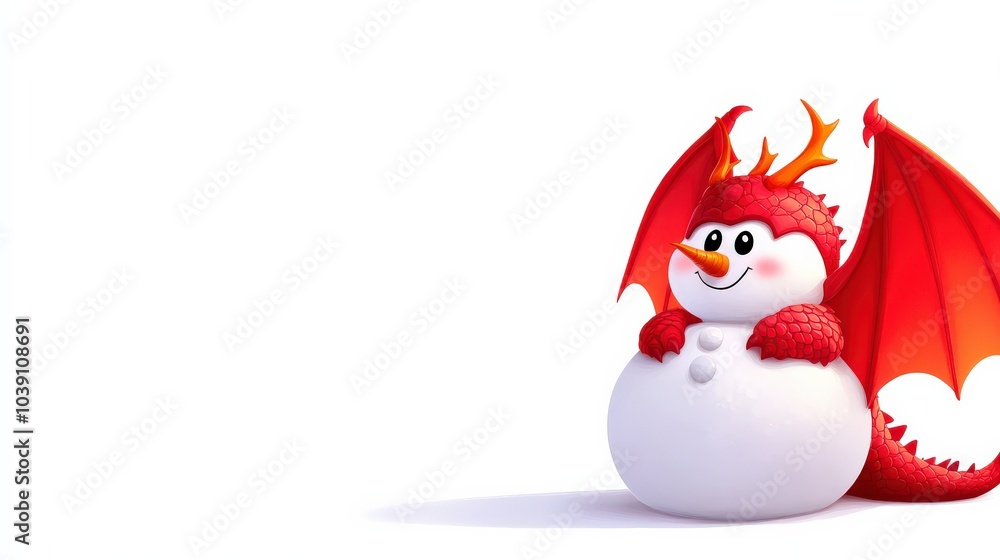 Wall mural Cute red dragon snowman character on a white isolate background.