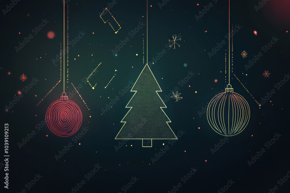 Poster minimalist silhouettes of christmas symbols shine with glowing lines on a dark background, creating 