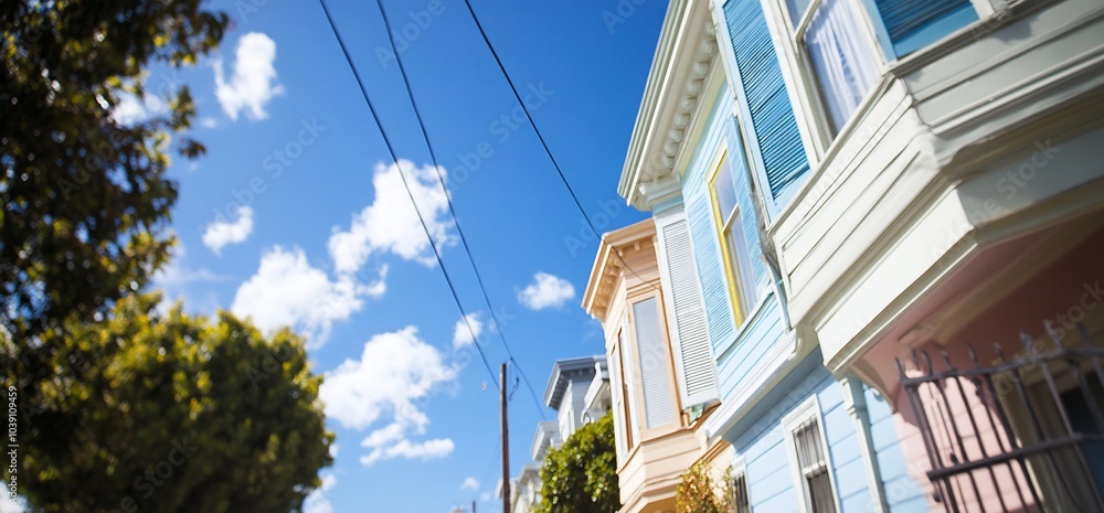 Wall mural Colorful Victorian style homes against a bright blue sky.