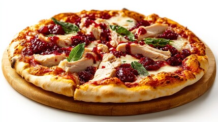 Delicious pizza topped with chicken, sauce, and fresh basil on a wooden board.