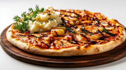 Delicious pizza topped with chicken, barbecue sauce, and fresh herbs on a wooden board.