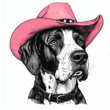 Side profile portrait illustration of a great dane dog wearing a pink cowboy hat, western theme design