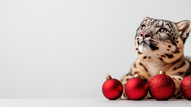 Snow leopard beside red Christmas ornaments, white isolated background.