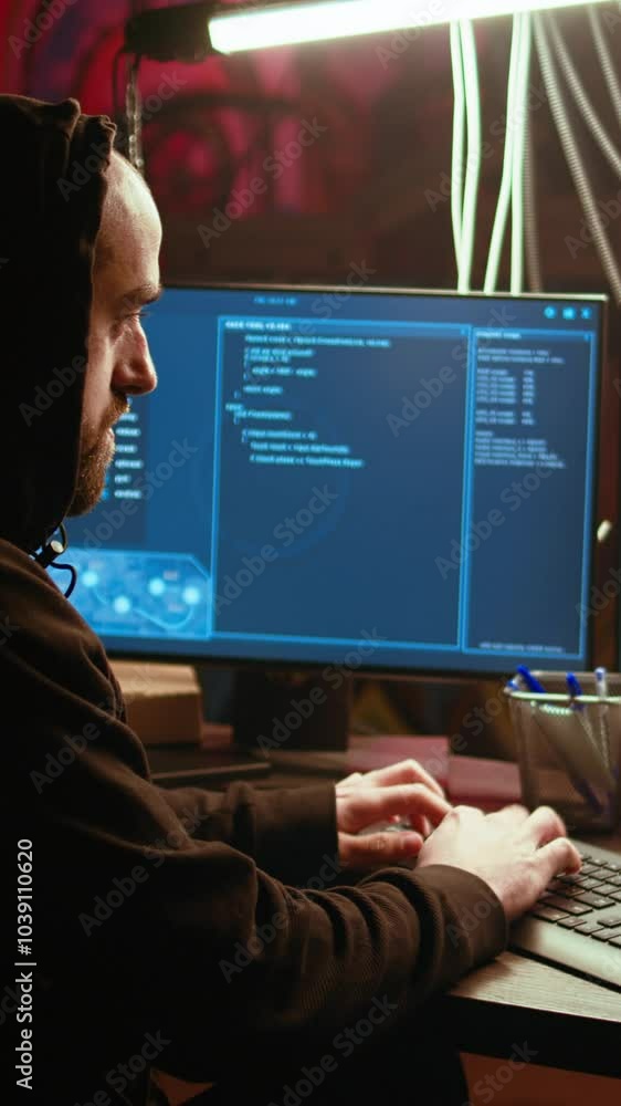 Poster vertical video hacker in underground bunker takes advantage of security breach after gaining unautho