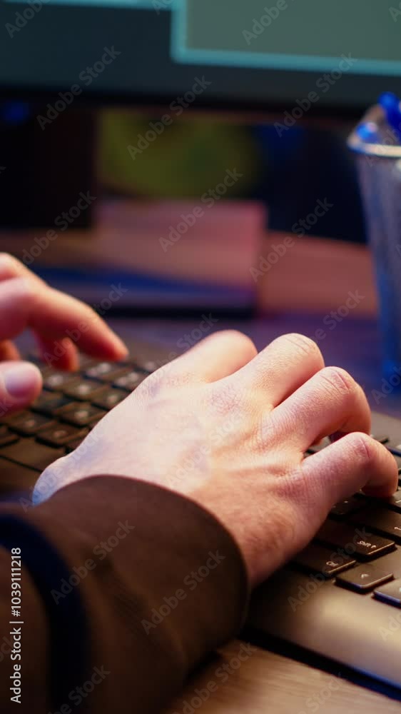 Poster vertical video hacker in secret underground shelter typing on keyboard, writing lines of code on com