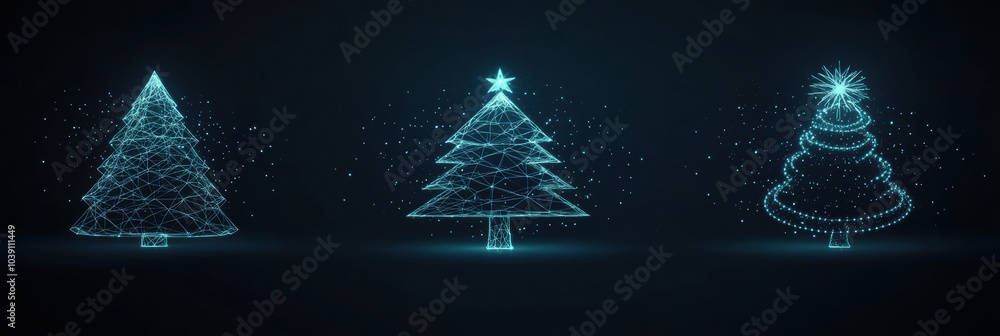 Poster Elegant glowing symbols of Christmas, featuring minimalist trees and ornaments set against a dark backdrop, creating a festive atmosphere. Generative AI