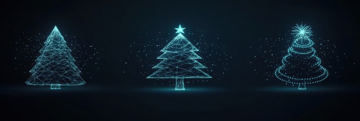Elegant glowing symbols of Christmas, featuring minimalist trees and ornaments set against a dark backdrop, creating a festive atmosphere. Generative AI