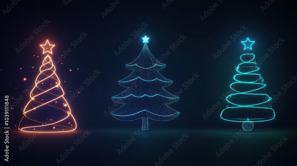 Poster minimalist silhouettes of christmas trees and ornaments are illuminated with glowing lines set again