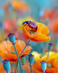 High-quality macro photo of a ladybug on a vibrant poppy flower, surrounded by a green meadow. Detailed petals, vivid colors.