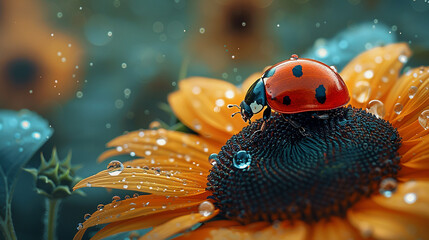 High-quality macro photo of a ladybug on a vibrant sunflower, surrounded by a green meadow. Detailed petals, vivid colors.
