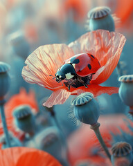 High-quality macro photo of a ladybug on a vibrant poppy flower, surrounded by a green meadow. Detailed petals, vivid colors.