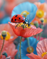 High-quality macro photo of a ladybug on a vibrant poppy flower, surrounded by a green meadow. Detailed petals, vivid colors.