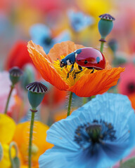 High-quality macro photo of a ladybug on a vibrant poppy flower, surrounded by a green meadow. Detailed petals, vivid colors.