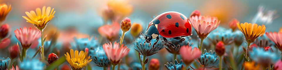 High-quality macro photo of a ladybug on a wildflower, surrounded by a green meadow. Detailed petals, vivid colors.