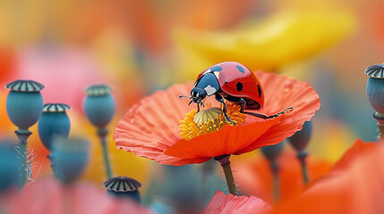 High-quality macro photo of a ladybug on a vibrant poppy flower, surrounded by a green meadow. Detailed petals, vivid colors.