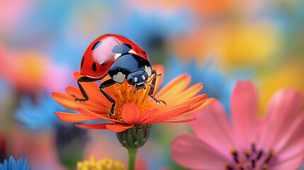 High-quality macro photo of a ladybug on a wildflower, surrounded by a green meadow. Detailed petals, vivid colors.
