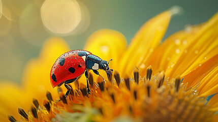 High-quality macro photo of a ladybug on a vibrant sunflower, surrounded by a green meadow. Detailed petals, vivid colors.