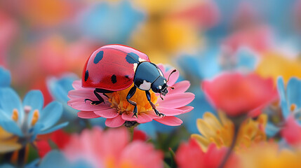High-quality macro photo of a ladybug on a wildflower, surrounded by a green meadow. Detailed petals, vivid colors.
