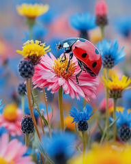 High-quality macro photo of a ladybug on a wildflower, surrounded by a green meadow. Detailed petals, vivid colors.
