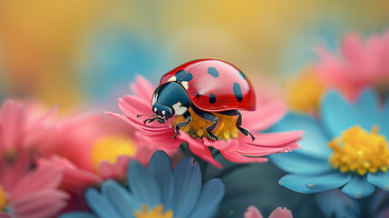 High-quality macro photo of a ladybug on a wildflower, surrounded by a green meadow. Detailed petals, vivid colors.
