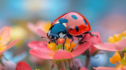 High-quality macro photo of a ladybug on a wildflower, surrounded by a green meadow. Detailed petals, vivid colors.
