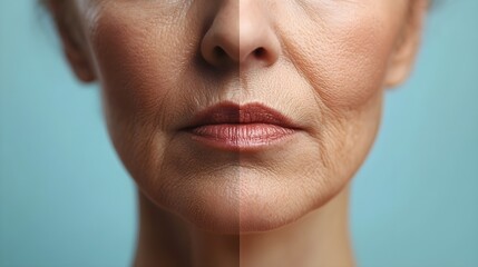 Fototapeta premium Senior woman before and after transformation, aged lips with wrinkles transitioning to fuller, youthful lips and smooth skin, a natural rejuvenation