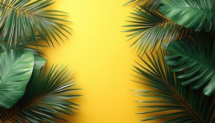 Fototapeta premium Tropical leaves on yellow background. Perfect for summer, nature, and travel designs.