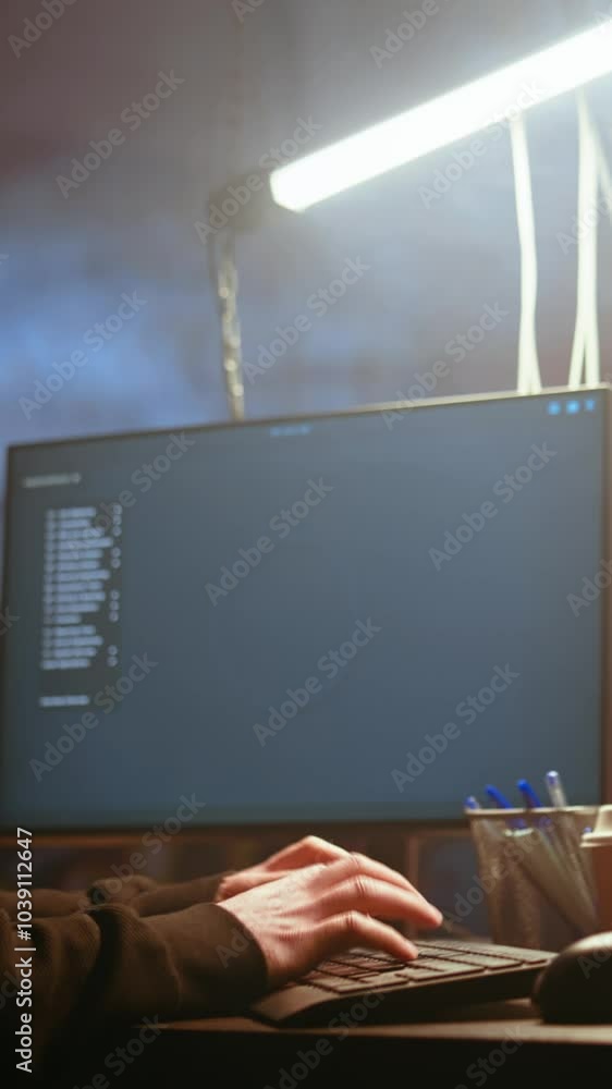 Poster vertical video hacker in foggy neon illuminated basement with graffiti drawings on walls using advan