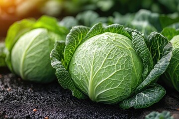 Fototapeta premium Close-up of fresh green cabbage. This image is perfect for illustrating a recipe, or showing healthy food choices.