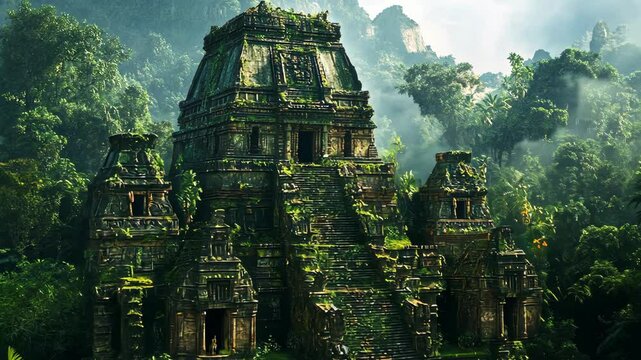 An ancient temple stands tall in a dense jungle, shrouded in mist