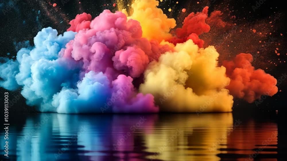 Poster colorful clouds of ink explode and swirl in a dark studio, creating a vibrant and abstract image