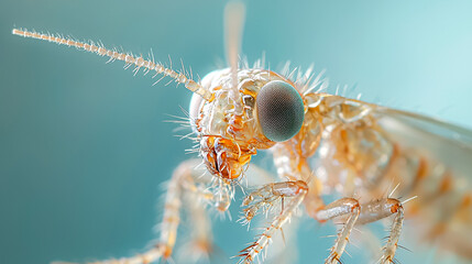 A close up of a bug's head with a green spot on it