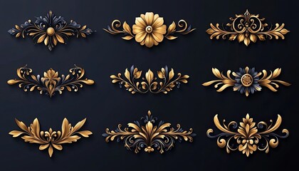 Gold floral design elements on black background. Perfect for adding a touch of elegance and sophistication to your design projects.