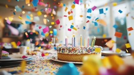 A birthday cake with candles is surrounded by confetti and a blurred figure in the background.
