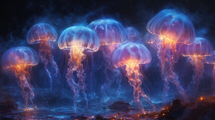 Ethereal jellyfish glowing in a dark underwater scene.