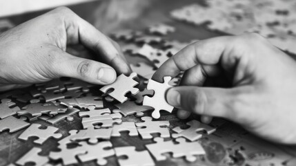 Fototapeta premium Black and white close-up of two hands assembling puzzle pieces. Concept of teamwork, connection, and solving challenges. Design for educational posters or teamwork banners.