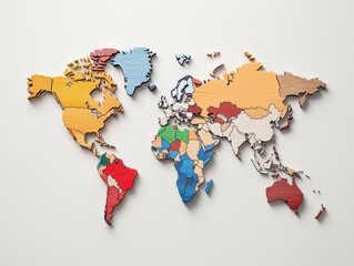 Colorful wooden world map on white isolated background.