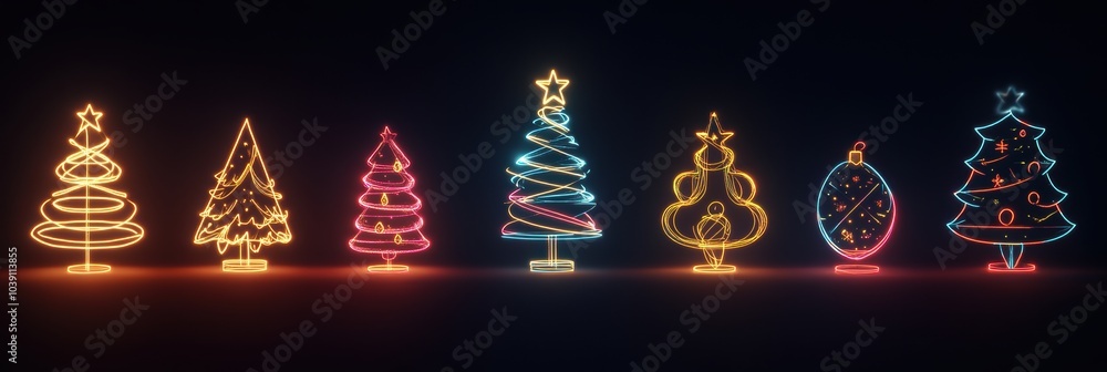 Poster glowing lines create minimalist silhouettes of christmas trees and ornaments, illuminating a dark ba