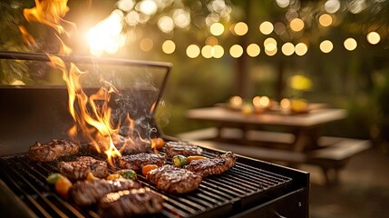 Grilled steaks with flames, vibrant outdoor barbecue setting.